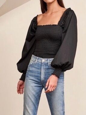 La ligne Smocked Square-Neck Puff Sleeve Top - Black - M